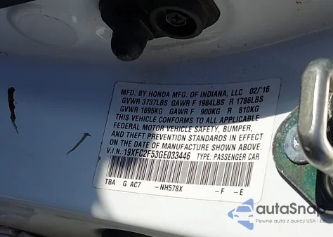 2016 Honda Civic Lx z USA, uszkodzony, nr VIN 19XFC2F53GE033446